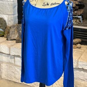 Elegant Blue Women's Blouse with Beaded Shoulders